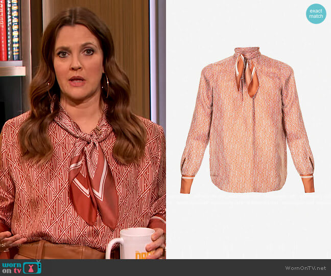 Chloe Monogram-print silk-twill blouse worn by Drew Barrymore on The Drew Barrymore Show
