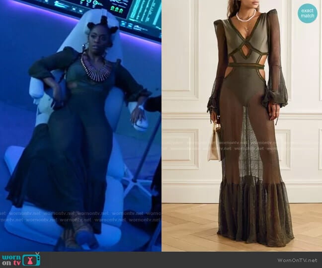 Patbo Cutout Mesh and Stretch-Jersey Maxi Dress worn by Anissa Pierce (Nafessa Williams) on Black Lightning