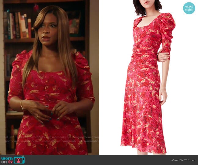 Diane Von Furstenberg Abra Ruched Butterfly-Printed Midi Dress worn by Mika (Kimrie Lewis) on Kenan