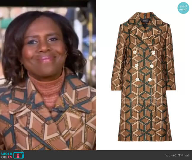 Gucci Double-Breasted Metallic Jacquard Coat worn by Deborah Roberts on Good Morning America