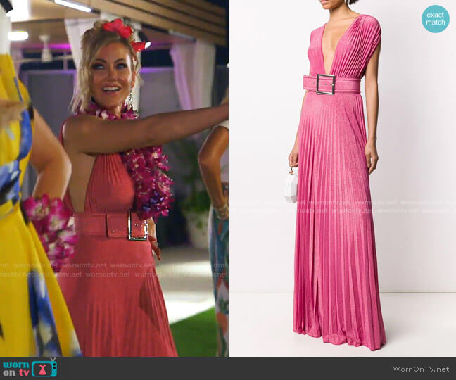 Elisabetta Franchi Plunge-Neck Pleated Metallic Gown worn by Stephanie Hollman on The Real Housewives of Dallas