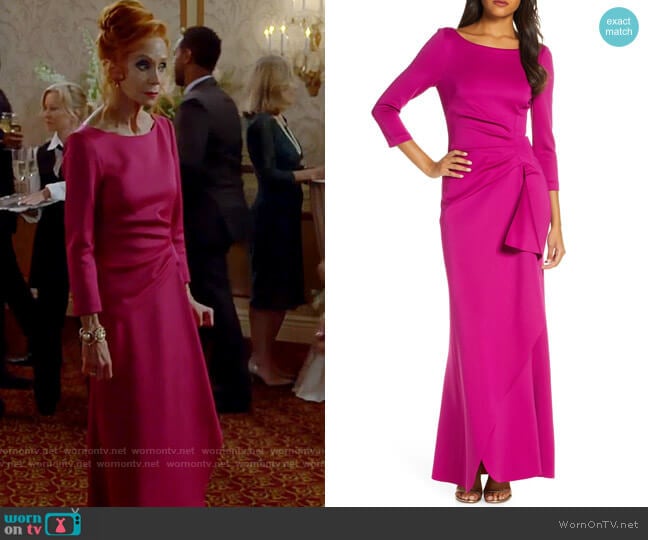 Eliza J Techno Pleated Scuba Trumpet Gown worn by Sheila (Swoosie Kurtz) on Call Me Kat