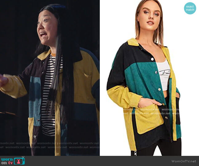 Floerns Colorblock Pocket Front Long Sleeve Corduroy Coat worn by Alice Kwan (Sherry Cola) on Good Trouble