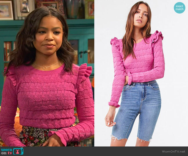 Forever 21 Ruffled Open-Knit Sweater worn by Nia Baxter (Navia Robinson) on Ravens Home