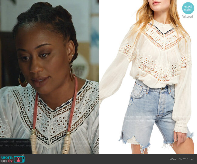 Free People Abigail Victorian Eyelet Lace Blouse worn by Malika Williams (Zuri Adele) on Good Trouble