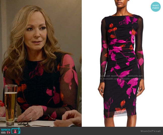 Fuzzi Falling Leaves Ruched Long-Sleeve Dress worn by Bonnie Plunkett (Allison Janney) on Mom