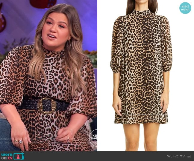 Ganni Leopard Print Puff Sleeve Georgette Minidress worn by Kelly Clarkson on The Kelly Clarkson Show