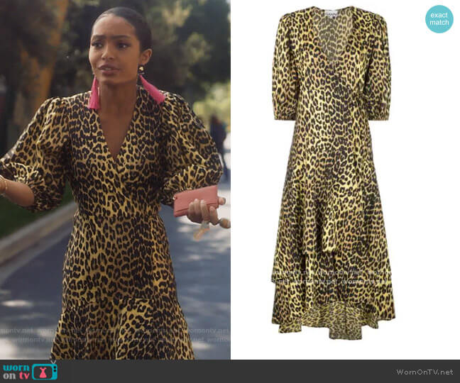 Ganni Minion Leopard Print Wrap Dress worn by Zoey Johnson (Yara Shahidi) on Grown-ish
