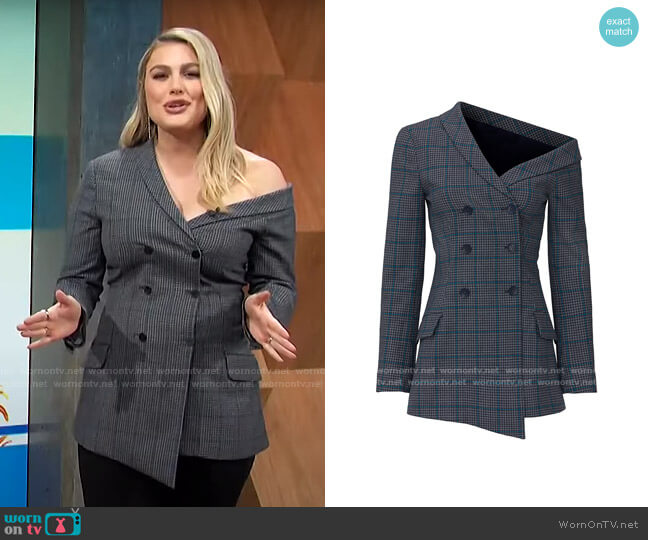 Jonathan Simkhai Glen Plaid One Shoulder Jacket worn by Carissa Loethen Culiner on E! News