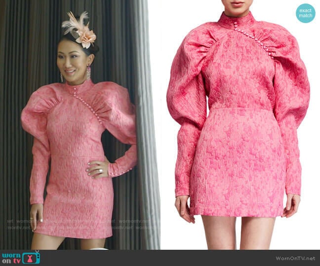Rotate Birger Christensen Hadiza High-Necked Printed Silk Mini Dress worn by Tiffany Moon on The Real Housewives of Dallas