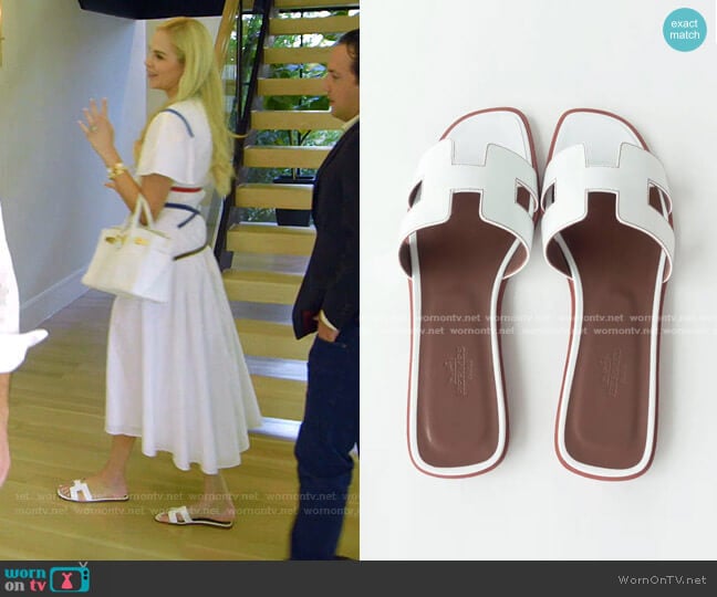 Hermes Box Calfskin Oran Sandals worn by Kameron Westcott on The Real Housewives of Dallas