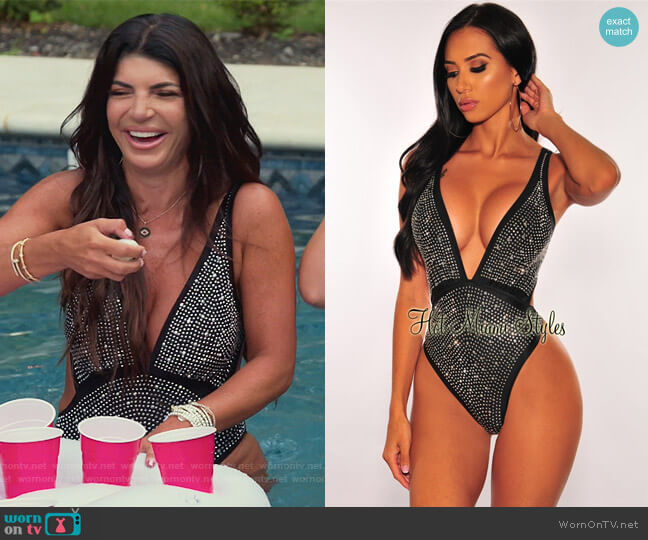 Hot Miami Styles Black Silver Rhinestone Cut Out Swimsuit worn by Teresa Giudice on The Real Housewives of New Jersey