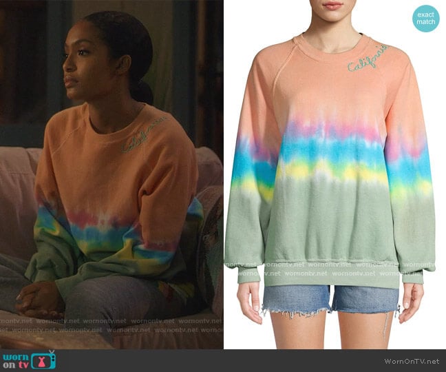 I Stole My Boyfriends Shirt California Tie-Dye Crewneck Sweatshirt worn by Zoey Johnson (Yara Shahidi) on Grown-ish