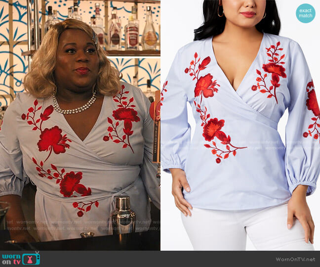 INC International Concepts Plus Size Embroidered Wrap Top worn by Mo (Alex Newell) on Zoeys Extraordinary Playlist