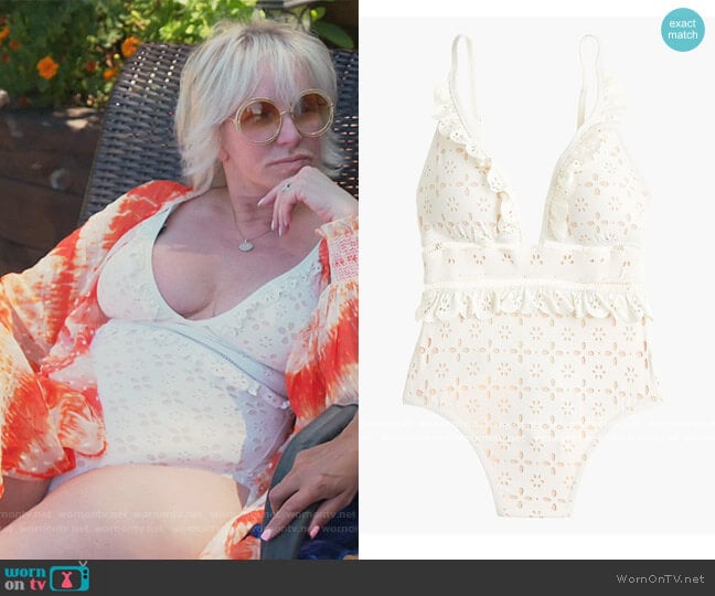 J. Crew Plunging Ruffle one piece Swimsuit in eyelet worn by Margaret Josephs on The Real Housewives of New Jersey