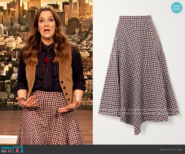 JW Anderson Asymmetric Checked wool midi Skirt worn by Drew Barrymore on The Drew Barrymore Show