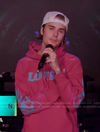 Justin Bieber’s pink Lover hoodie on Good Morning America