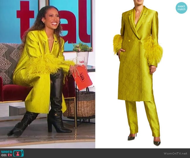 LaPointe Snake Jacquard Long Coat with Ostrich Feather Cuffs worn by Elaine Welteroth on The Talk
