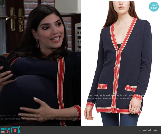 L'Agence Ariel Stripe Wool & Cashmere Cardigan worn by Brook Lynn Quartermaine (Amanda Setton) on General Hospital