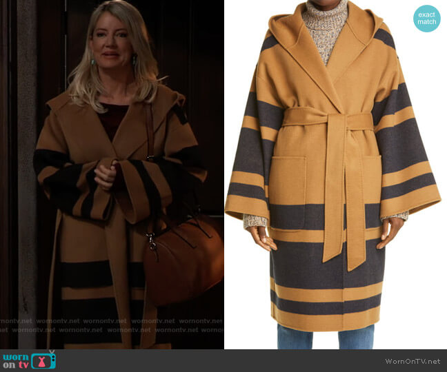 La Ligne Reversible Belted Hooded Wool Blend Coat worn by Nina Reeves (Cynthia Watros) on General Hospital