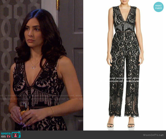 Aqua Lace V-neck Jumpsuit worn by Gabi Hernandez (Camila Banus) on Days of our Lives