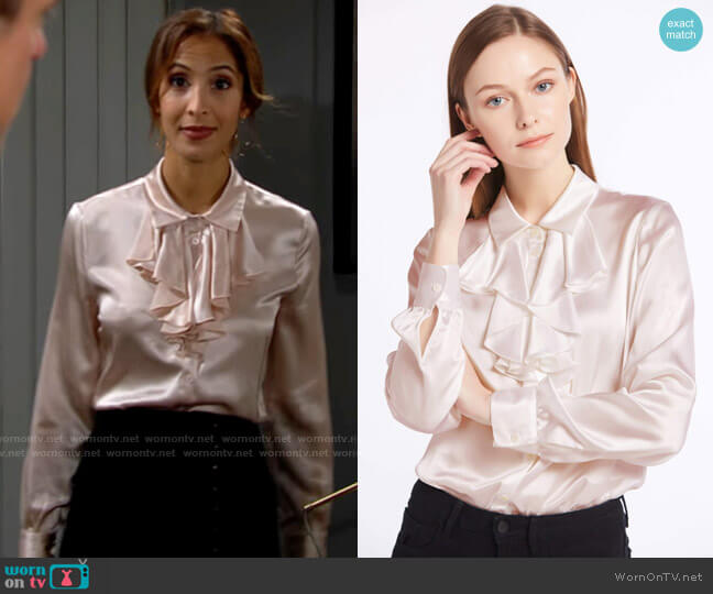 Lily Silk Feminine Cascade Front Silk Shirt in Pale Pink worn by Lily Winters (Christel Khalil) on The Young and the Restless