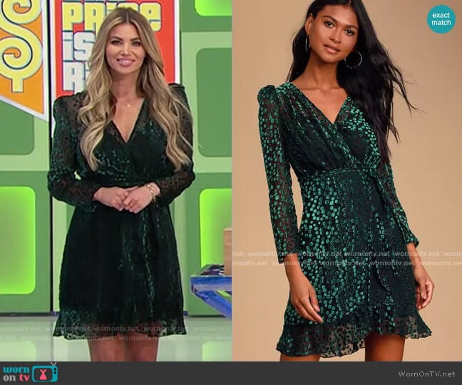 O.P.T. Ekhi Black and Green Velvet Polka Dot Wrap Dress worn by Amber Lancaster on The Price is Right