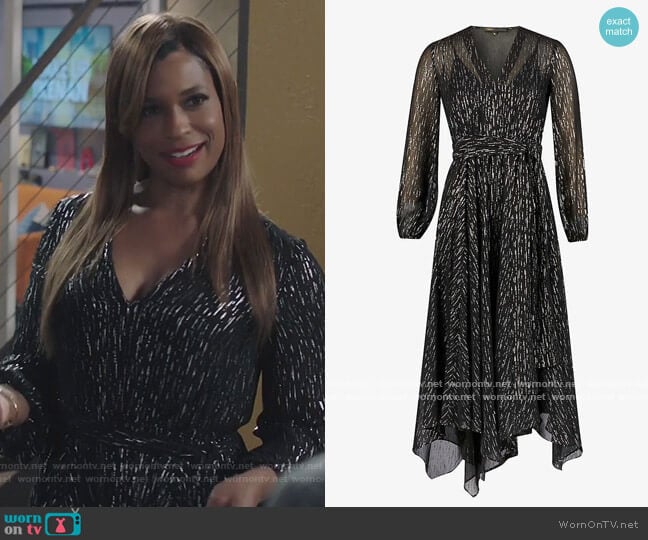 Maje Route Rimix Metallic Scarf Hem Midi Dress worn by Mika (Kimrie Lewis) on Kenan