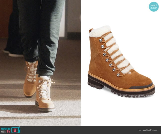 Marc Fisher Izzie Genuine Shearling Lace-Up Boot worn by Zoey Johnson (Yara Shahidi) on Grown-ish