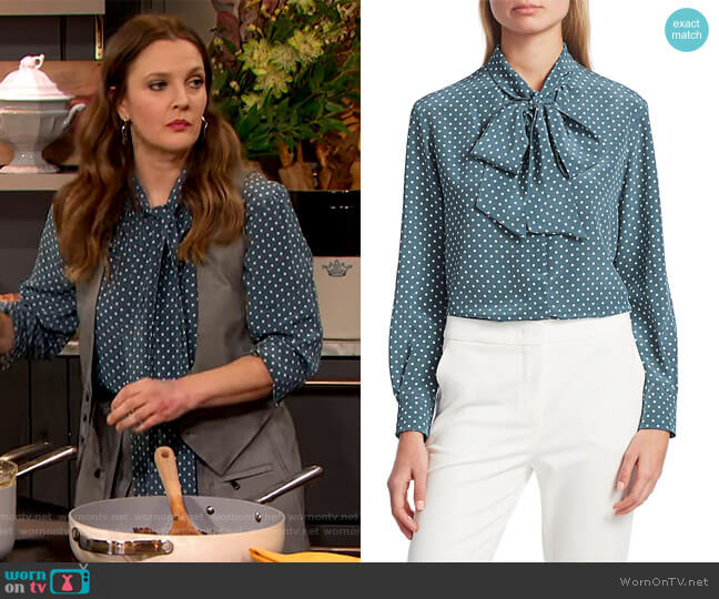 Max Mara Bali Polka-Dot Silk Tieneck Blouse worn by Drew Barrymore on The Drew Barrymore Show