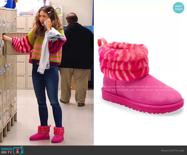 Ugg Mini Fluff Quilted Animal Print Boot worn by Cheyenne (Nichole Bloom) on Superstore