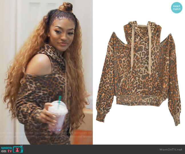 NSF Tricia Cold Shoulder Leopard Print Hoodie worn by Drew Sidora on The Real Housewives of Atlanta