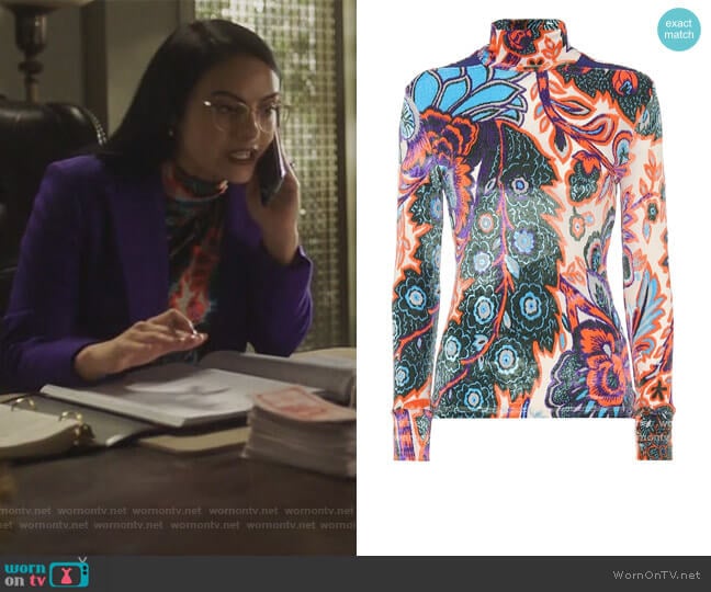 Paco Rabanne Floral velvet turtleneck top worn by Veronica Lodge (Camila Mendes) on Riverdale