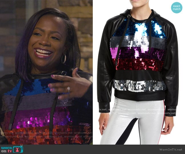 No Ka Oi Palale Sequin Faux-Leather Cropped Hoodie worn by Kandi Burruss on The Real Housewives of Atlanta