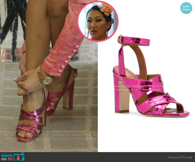 Paris Texas Metallic Cross Strap Sandals worn by Tiffany Moon on The Real Housewives of Dallas