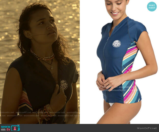 Rip Curl Hanna Cap Sleeve Rash Guard in Teal worn by Kiara Carrera (Madison Bailey) on Outer Banks