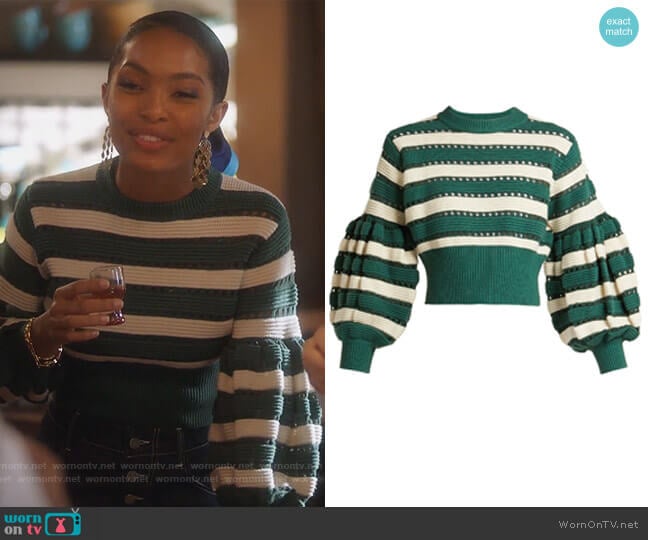 Self Portrait Balloon-sleeve cropped knit Sweater worn by Zoey Johnson (Yara Shahidi) on Grown-ish