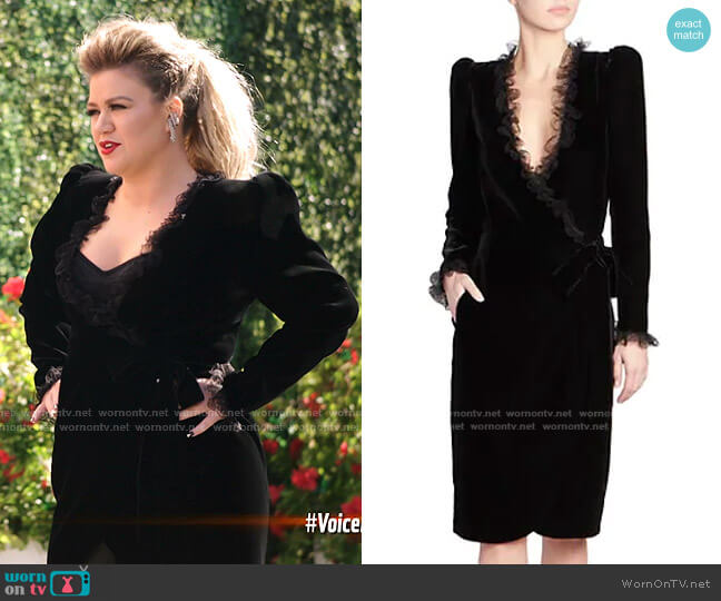 Saint Laurent Lace-Trimmed Velvet Wrap Dress worn by Kelly Clarkson on The Voice