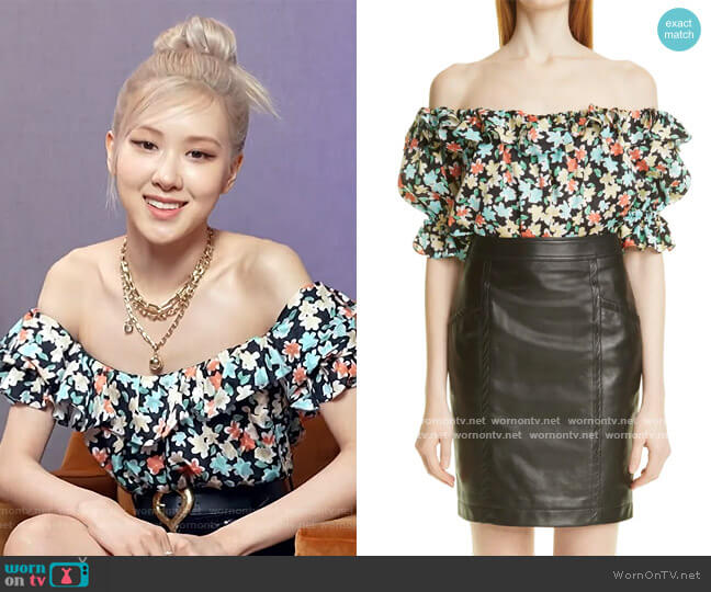 Saint Laurent Off the Shoulder Floral Print Silk Blouse