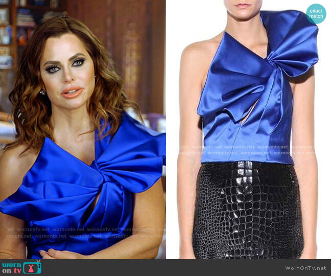 Saint Laurent Silk-Satin One-Shoulder Blouse worn by D’Andra Simmons on The Real Housewives of Dallas