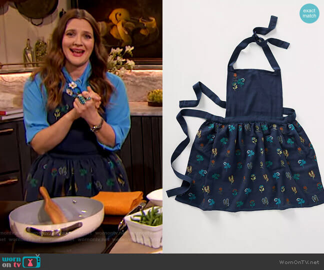 Anthropologie Stacia Embroidered Indigo Apron worn by Drew Barrymore on The Drew Barrymore Show
