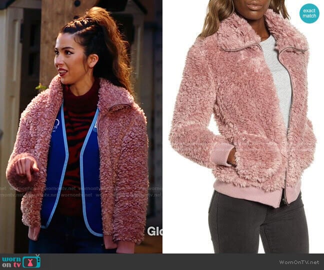 BB Dakota Teddy Or Not Faux Fur Bomber Jacket in Rose Quartz worn by Cheyenne (Nichole Bloom) on Superstore