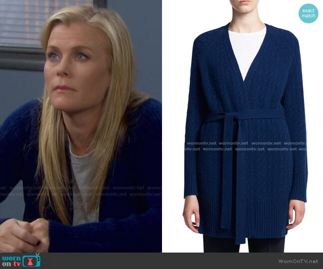 Theory Malinka Cashmere Cable-Knit Cardigan worn by Sami Brady (Alison Sweeney) on Days of our Lives
