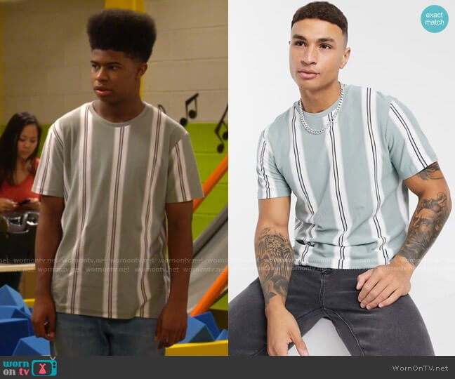 Topman Stripe T-shirt in Sage worn by Munchy (Isaiah Crews) on Side Hustle