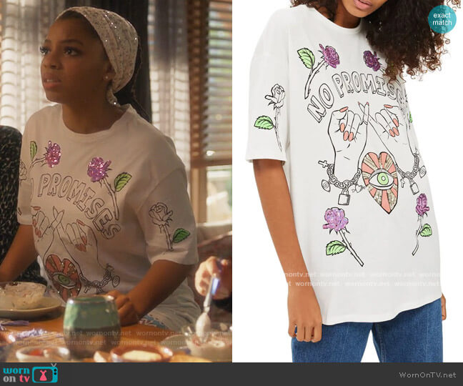 Topshop No Promises Sequin Tee worn by Jazlyn Forster (Chloe Bailey) on Grown-ish