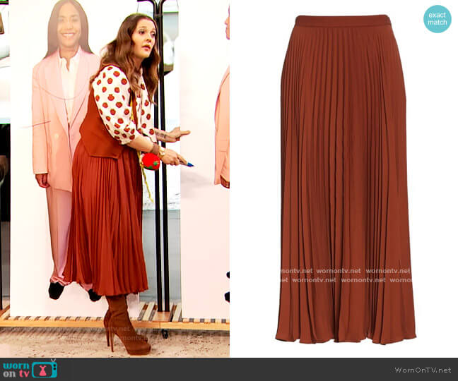 Valentino Plisse Silk Midi Skirt worn by Drew Barrymore on The Drew Barrymore Show