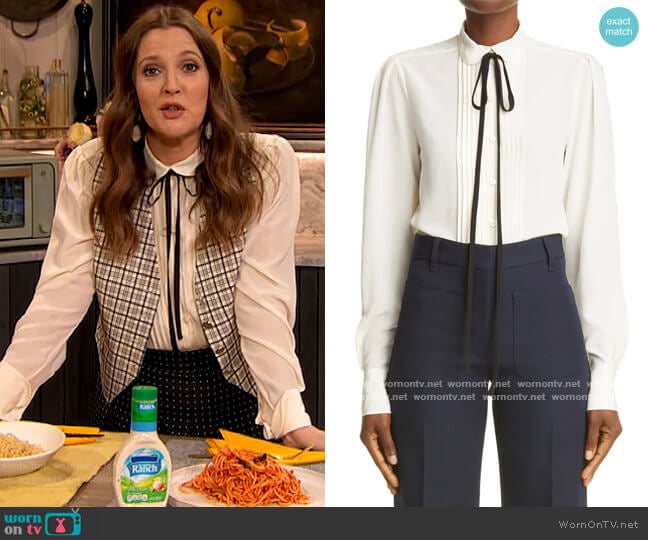 Victoria Beckham Contrast Tie Silk Tuxedo Blouse worn by Drew Barrymore on The Drew Barrymore Show