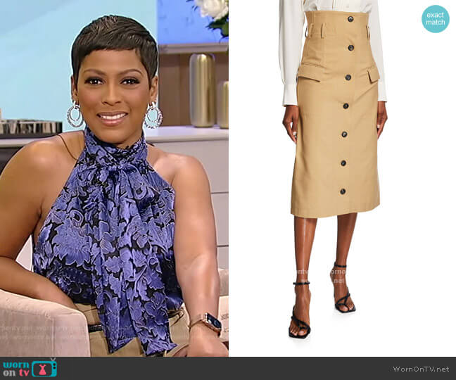 Victoria Beckham High-Waist Twill Midi Flare Skirt worn by Tamron Hall on Tamron Hall Show