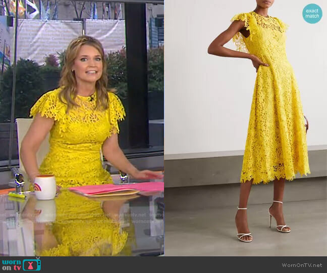 Lela Rose Wildflower guipure lace midi dress worn by Savannah Guthrie on Today