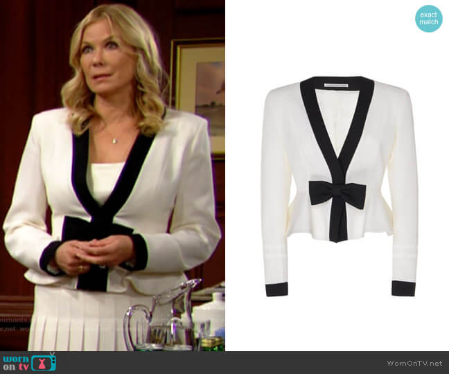 Bow-Embellished Two-Tone Peplum Wool Jacket Alessandra Rich worn by Brooke Logan (Katherine Kelly Lang) on The Bold and the Beautiful